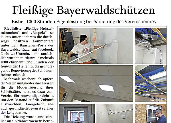 Zeitungsbericht über die Modernisierung des Vereinsheims der Bayerwaldschützen